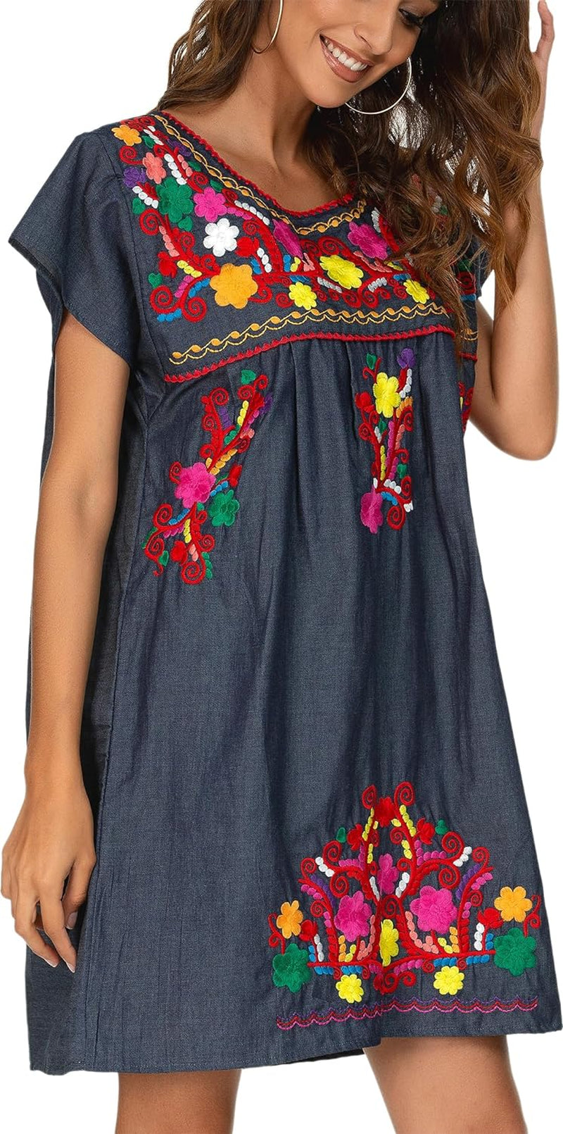 Women Mexican Embroidered Dress Short Sleeve