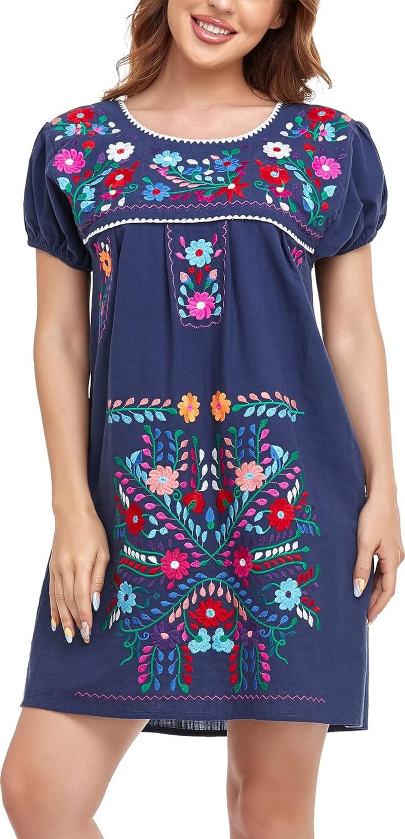 Women Mexican Embroidered Dress Short Sleeve