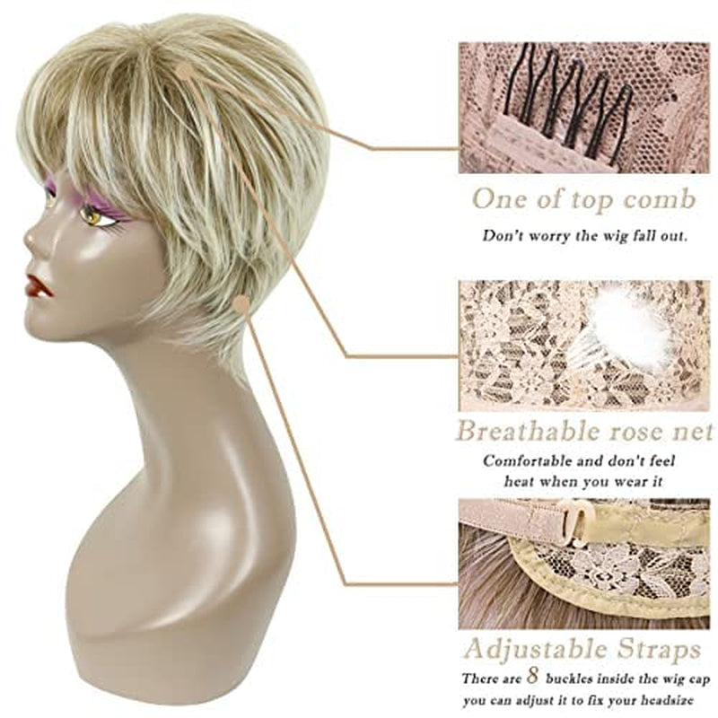 Pixie Cut Wigs Short Stylish Fluffy Layer Wig None Lace Replacement Wig with Bangs for Women Brown Mix Blonde Wig Short