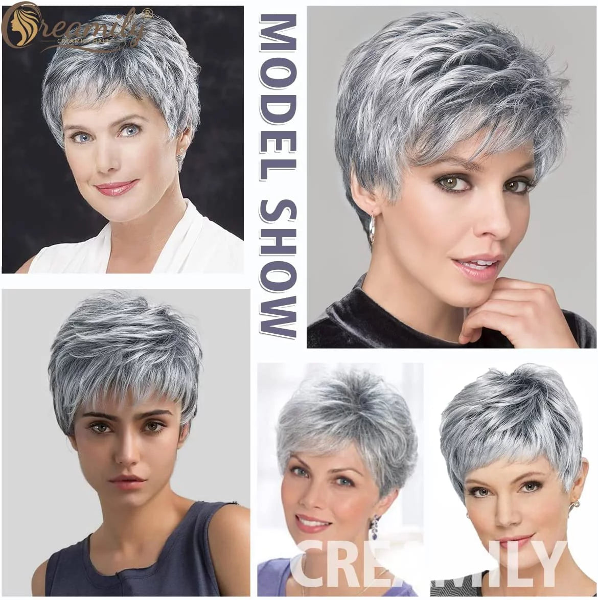 Grey Short Wigs for Black Women Layered Short Pixie Cut Wigs with Bangs Synthetic Grey Wigs Wefted Wig Cap