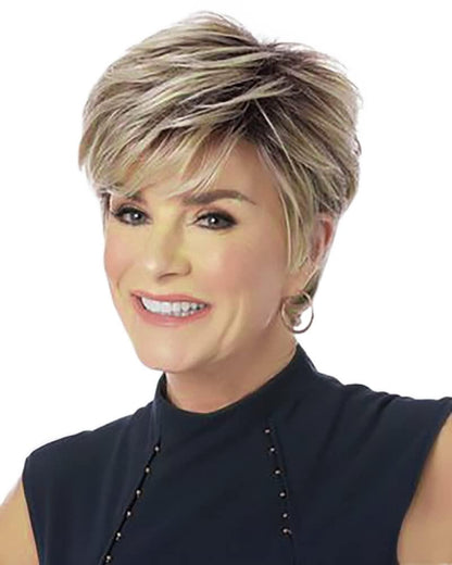 Pixie Cut Wigs Short Stylish Fluffy Layer Wig None Lace Replacement Wig with Bangs for Women Brown Mix Blonde Wig Short