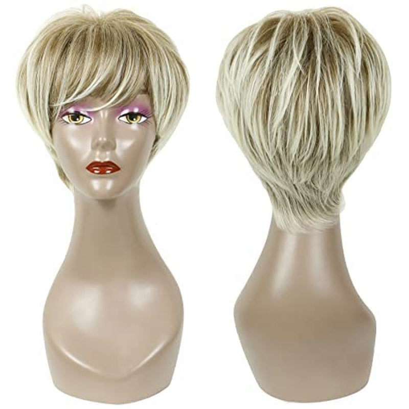 Pixie Cut Wigs Short Stylish Fluffy Layer Wig None Lace Replacement Wig with Bangs for Women Brown Mix Blonde Wig Short