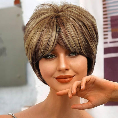 Pixie Cut Wigs Short Stylish Fluffy Layer Wig None Lace Replacement Wig with Bangs for Women Brown Mix Blonde Wig Short