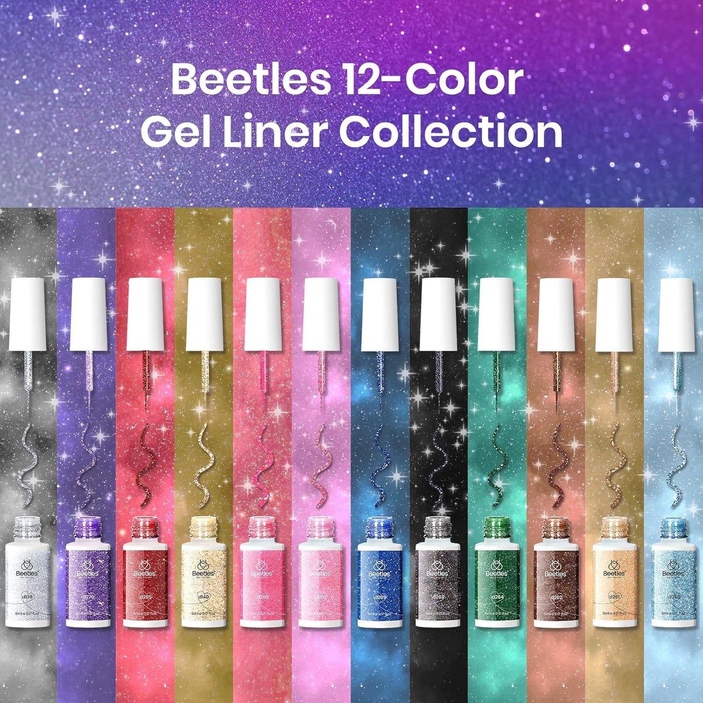 Beetles Nail Art Gel Liner Polish 12 Colors Reflective Glitter Gel Nail Polish, Gold Silver Pink Blue Purple Brown Black Gel Kit Soak off Uv Nail Art Design Set Spring Gel Manicure Gifts for Women