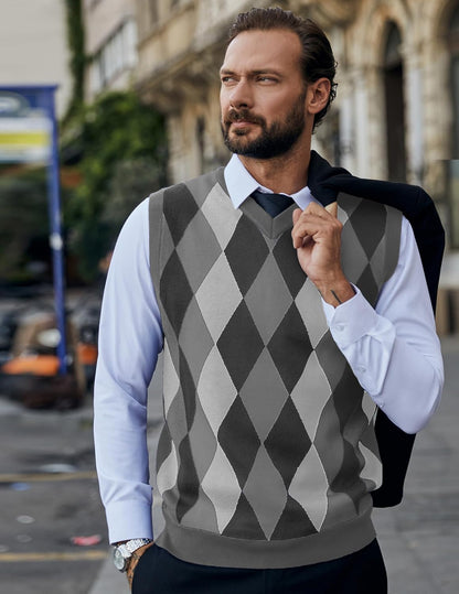 Men'S Sleeveless V Neck Pullover Sweater Slim Fit Casual Argyle Sweater Vest