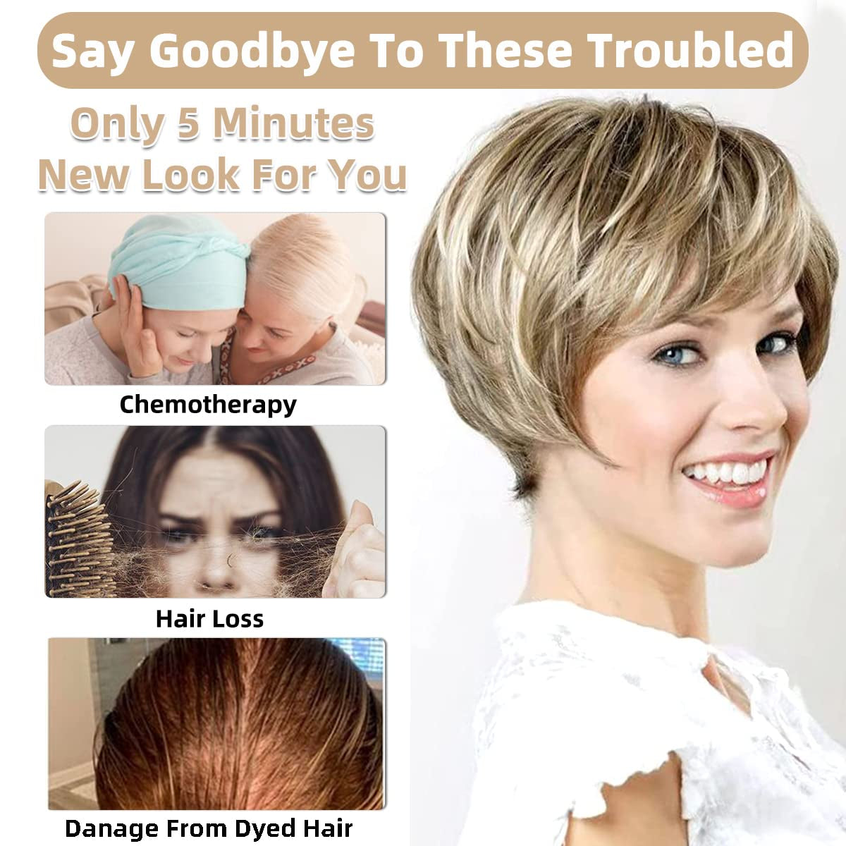 Pixie Cut Wigs Short Stylish Fluffy Layer Wig None Lace Replacement Wig with Bangs for Women Brown Mix Blonde Wig Short