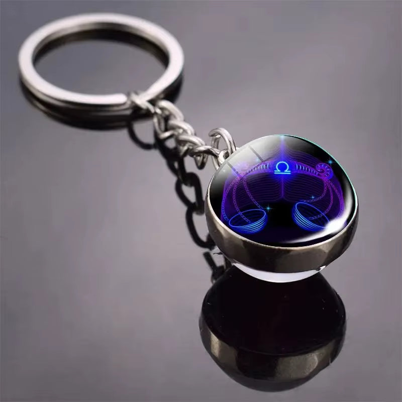 12 Constellation Key Chain Luminous Double Sided Glass Ball Pendant 12 Zodiac Key Chain Fashion Birthday Gift for Men and Women