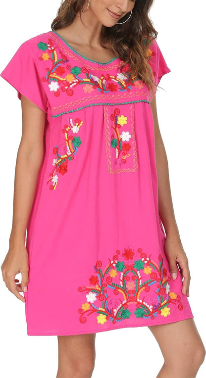 Women Mexican Embroidered Dress Short Sleeve