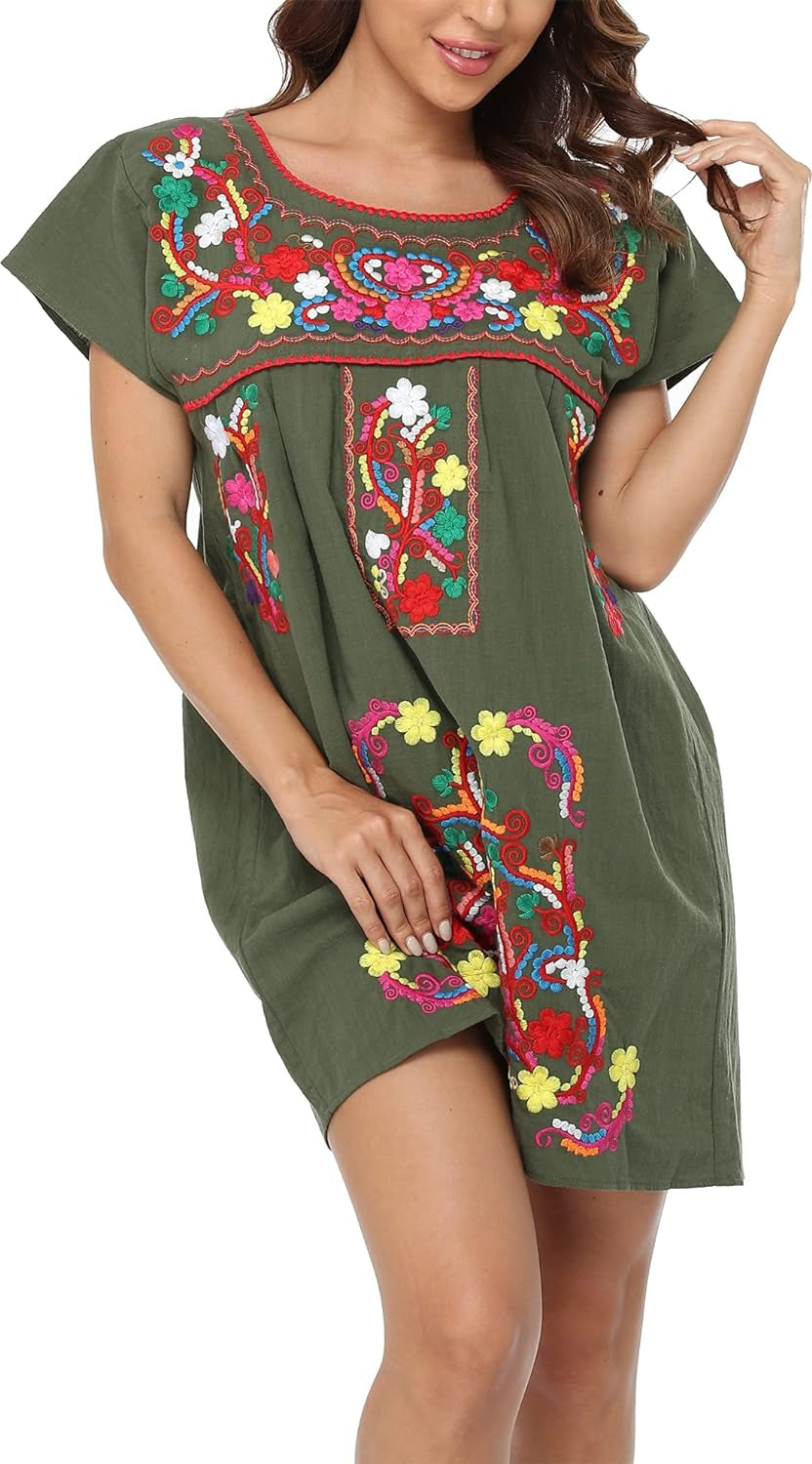 Women Mexican Embroidered Dress Short Sleeve