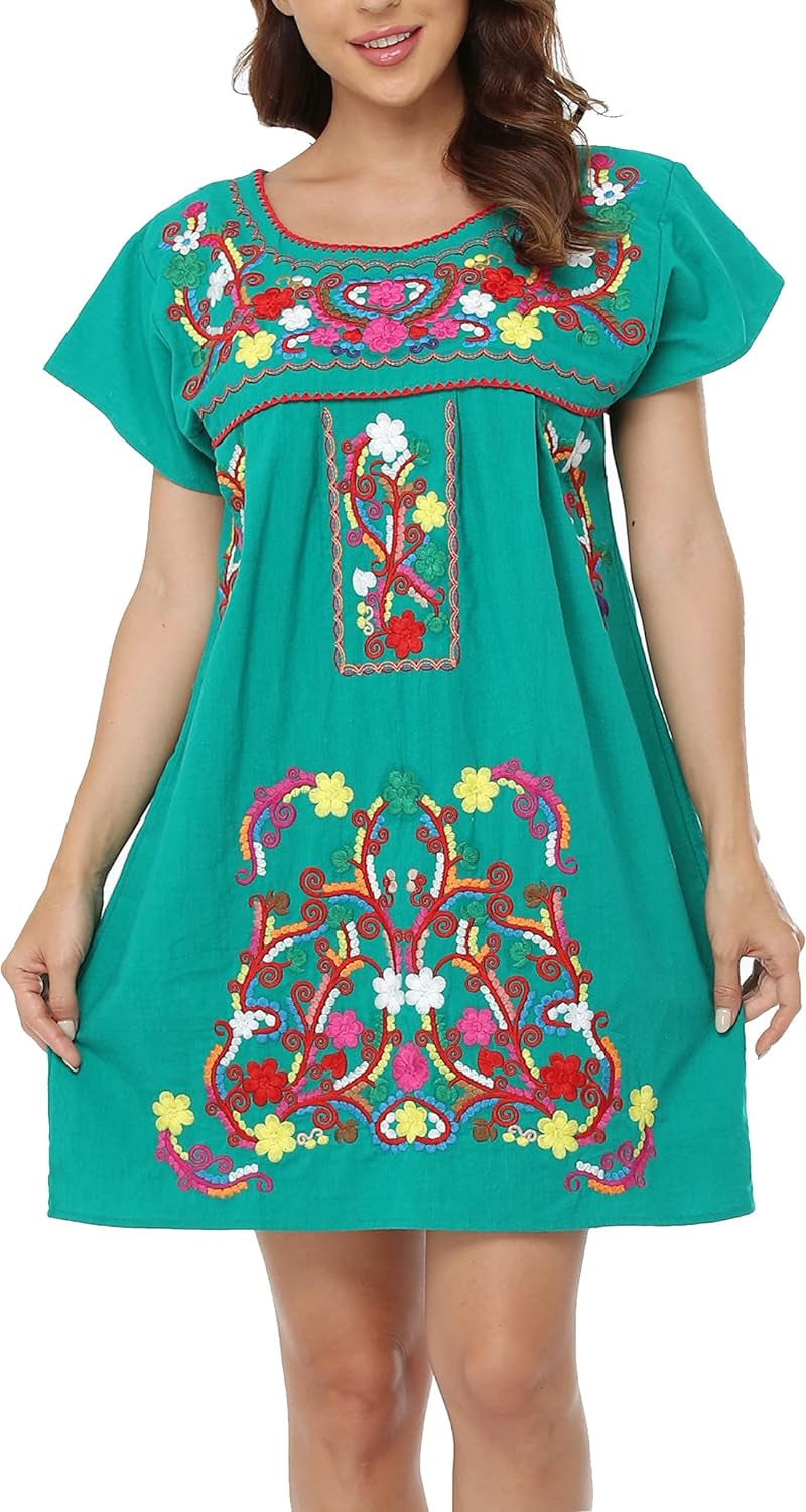 Women Mexican Embroidered Dress Short Sleeve