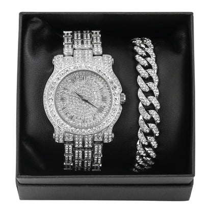 Men'S Iced Diamond Watch with Roman Dial and Bling-Ed Out Adjustable Metal Strap - Quartz Movement - Silver Watch and Bracelet Set