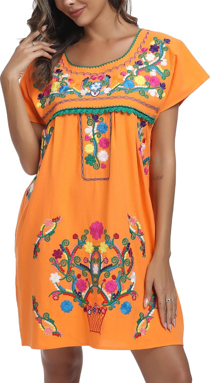 Women Mexican Embroidered Dress Short Sleeve