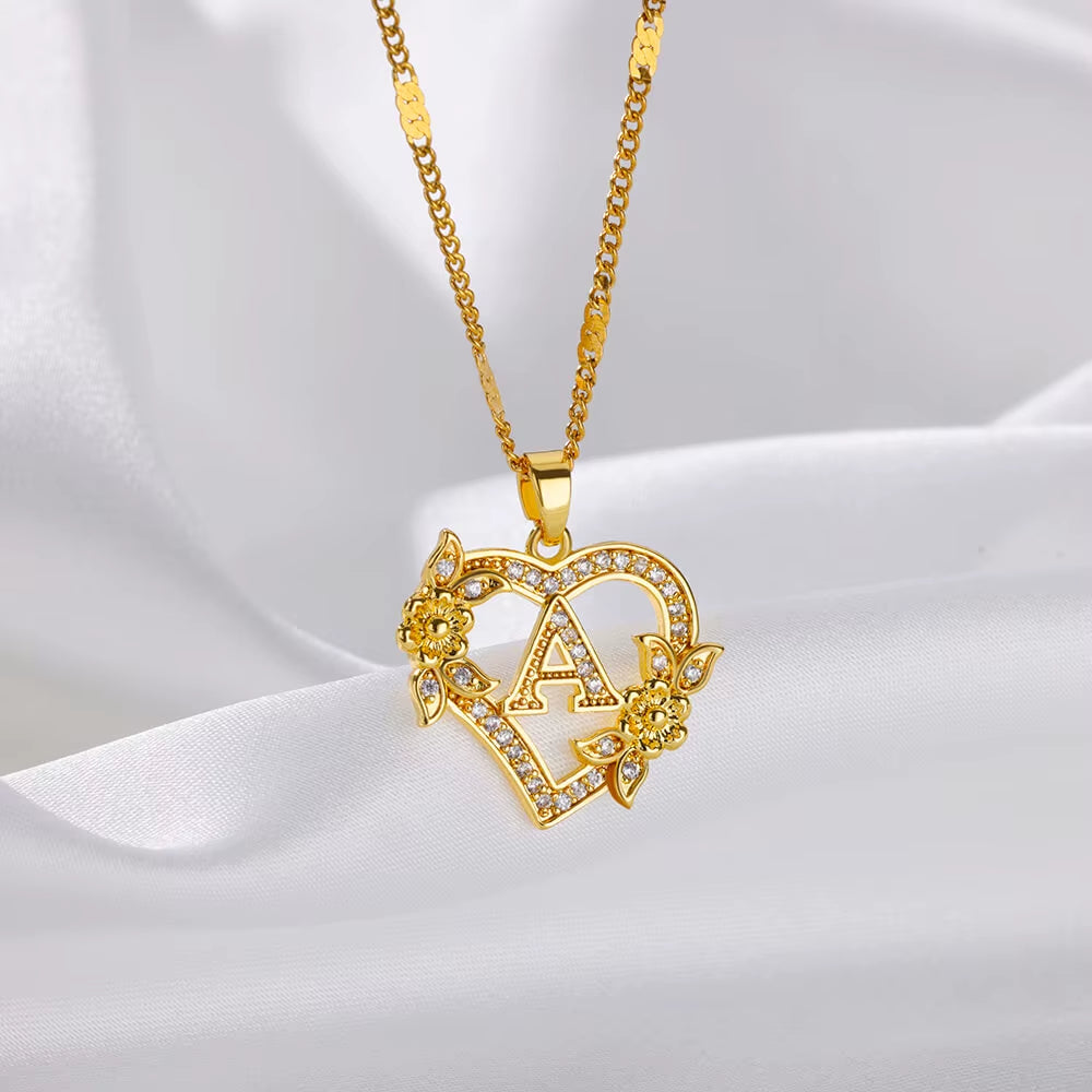 Flower Zircon Initial Heart Pendant Necklaces for Women 2024 Trend Stainless Steel Letter Necklaces Jewelry Best Friend Gifts