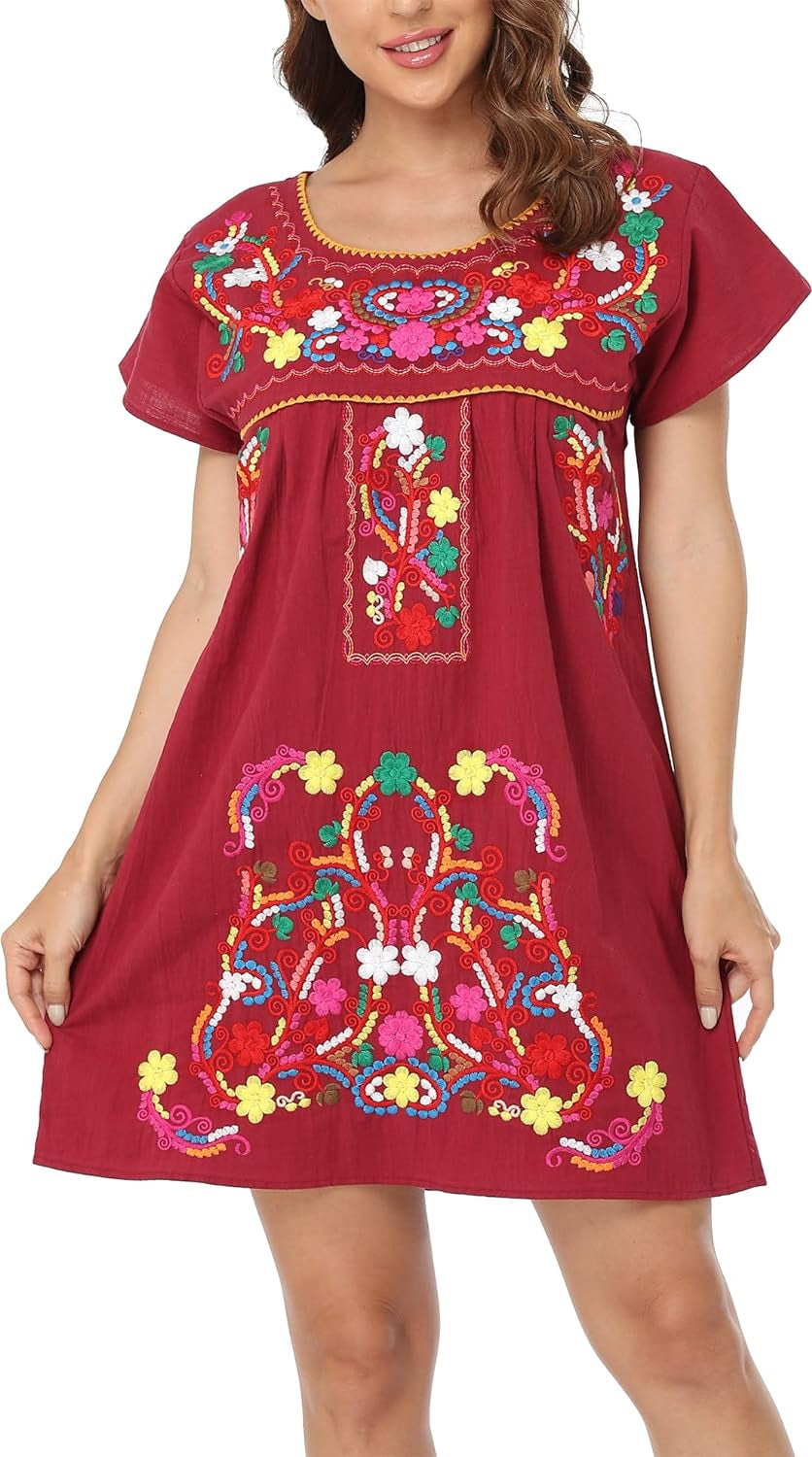 Women Mexican Embroidered Dress Short Sleeve