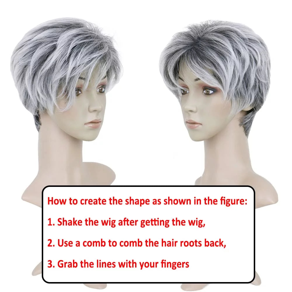 Grey Short Wigs for Black Women Layered Short Pixie Cut Wigs with Bangs Synthetic Grey Wigs Wefted Wig Cap