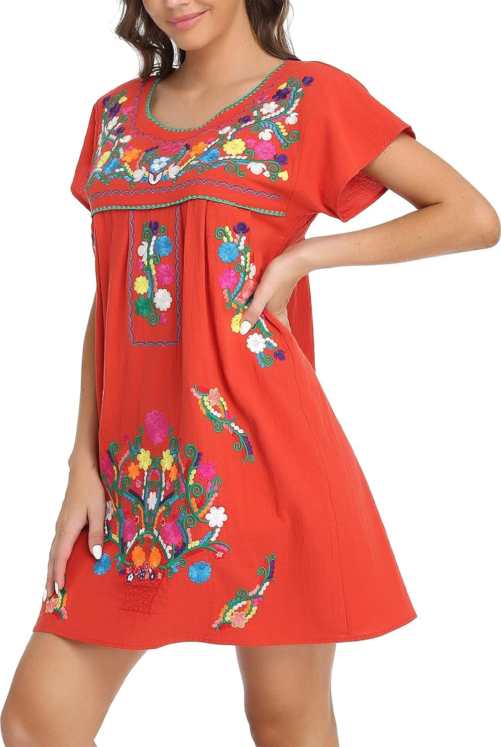 Women Mexican Embroidered Dress Short Sleeve