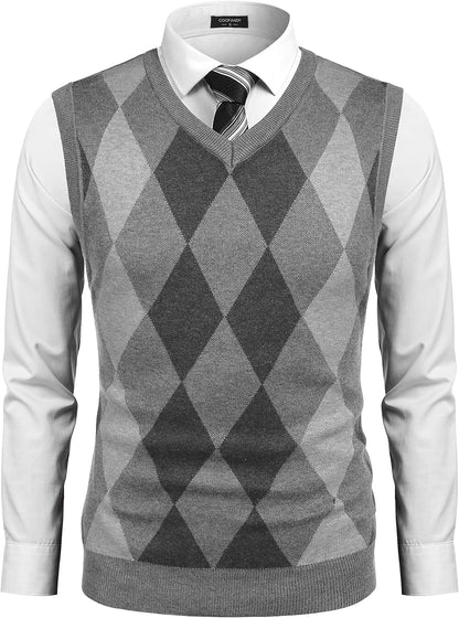 Men'S Sleeveless V Neck Pullover Sweater Slim Fit Casual Argyle Sweater Vest