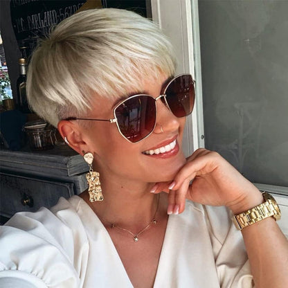 Pixie Cut Wigs Short Stylish Fluffy Layer Wig None Lace Replacement Wig with Bangs for Women Brown Mix Blonde Wig Short