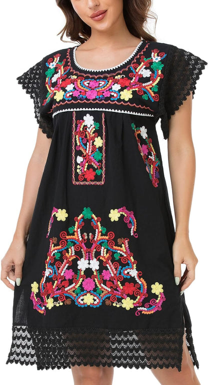 Women Mexican Embroidered Dress Short Sleeve