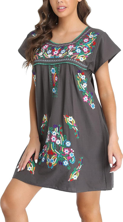 Women Mexican Embroidered Dress Short Sleeve